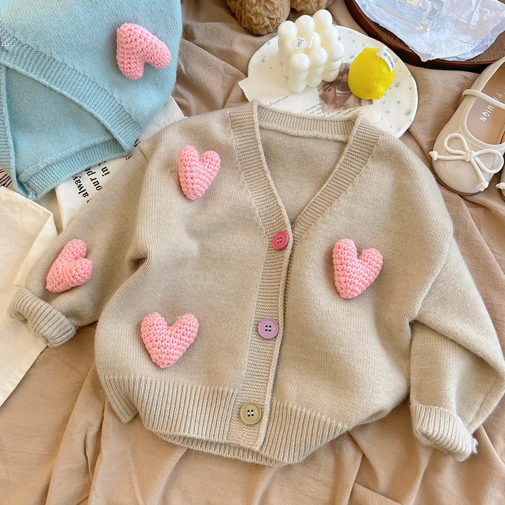Baby Girls 3D Heart Knitted Cardigan – Cozy Autumn & Winter Jacket