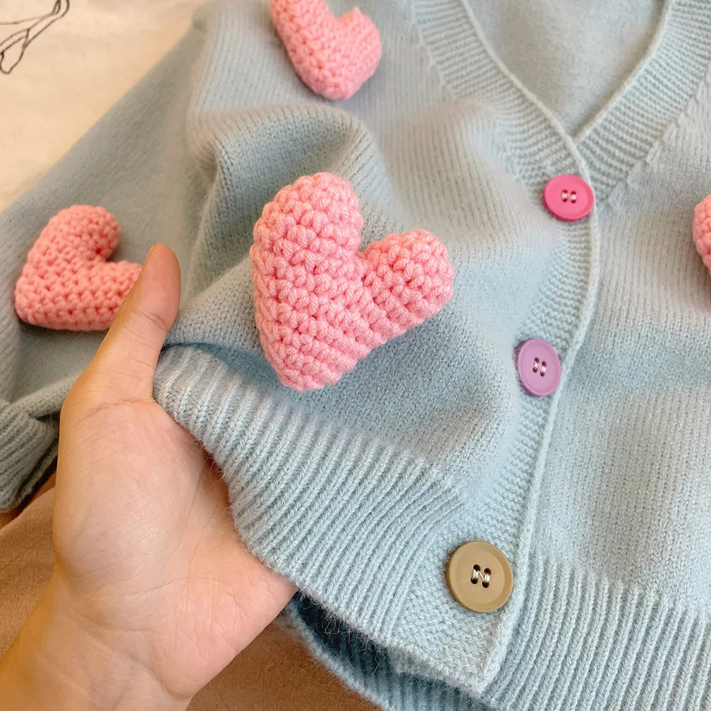 Baby Girls 3D Heart Knitted Cardigan – Cozy Autumn & Winter Jacket