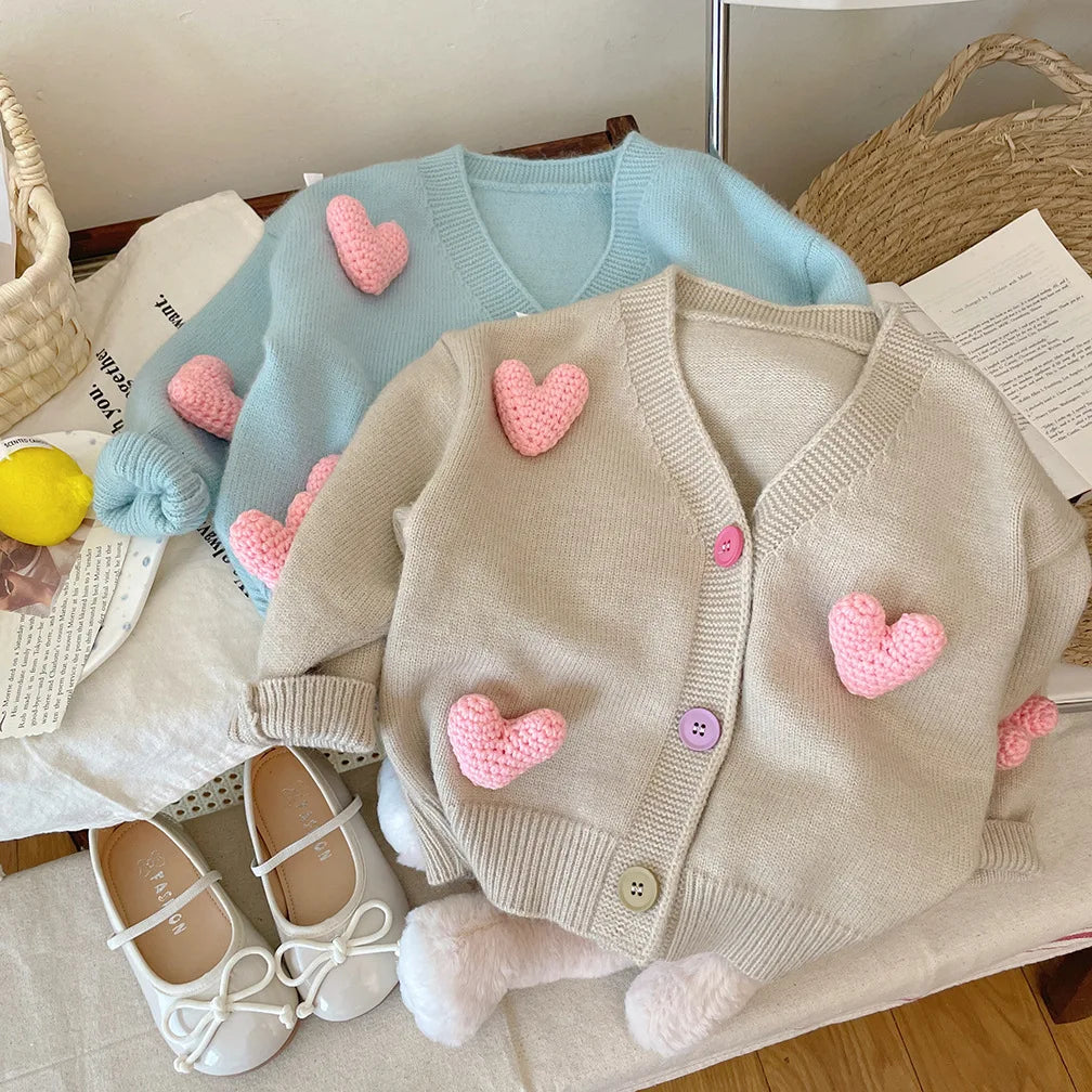 Baby Girls 3D Heart Knitted Cardigan – Cozy Autumn & Winter Jacket