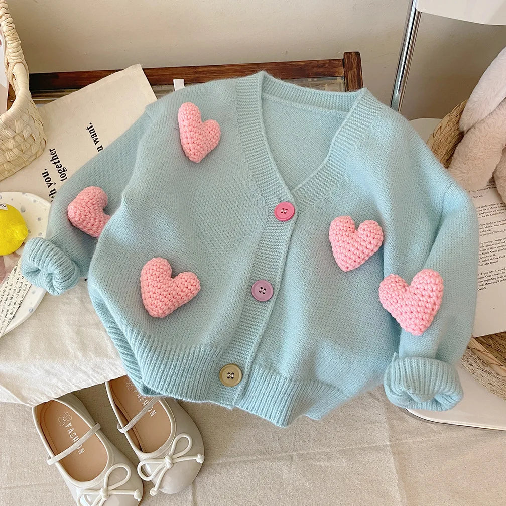 Baby Girls 3D Heart Knitted Cardigan – Cozy Autumn & Winter Jacket