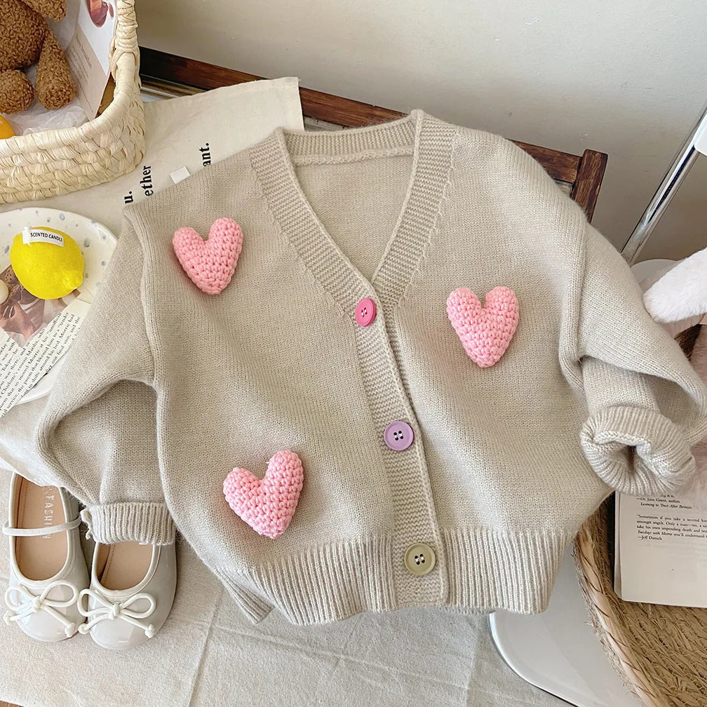 Baby Girls 3D Heart Knitted Cardigan – Cozy Autumn & Winter Jacket