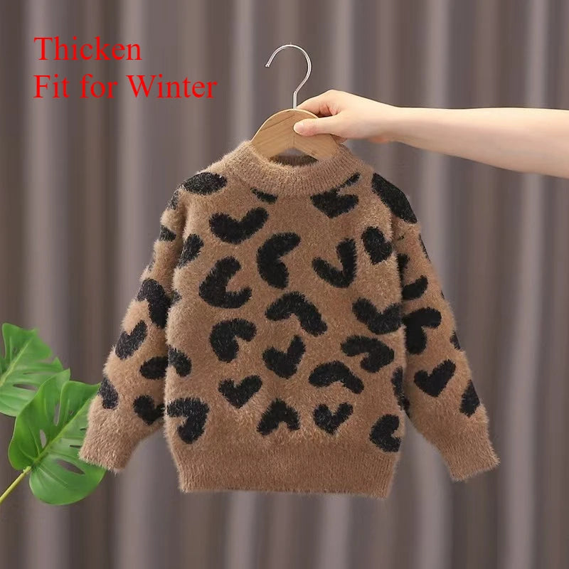 Furry Leopard Knit Sweater for Kids – Thick, Cozy & Stylish Pullover