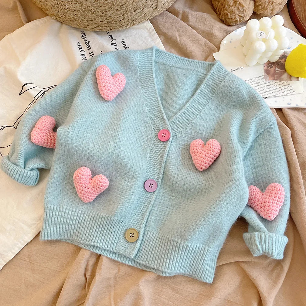 Baby Girls 3D Heart Knitted Cardigan – Cozy Autumn & Winter Jacket