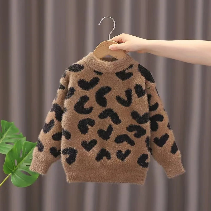 Furry Leopard Knit Sweater for Kids – Thick, Cozy & Stylish Pullover