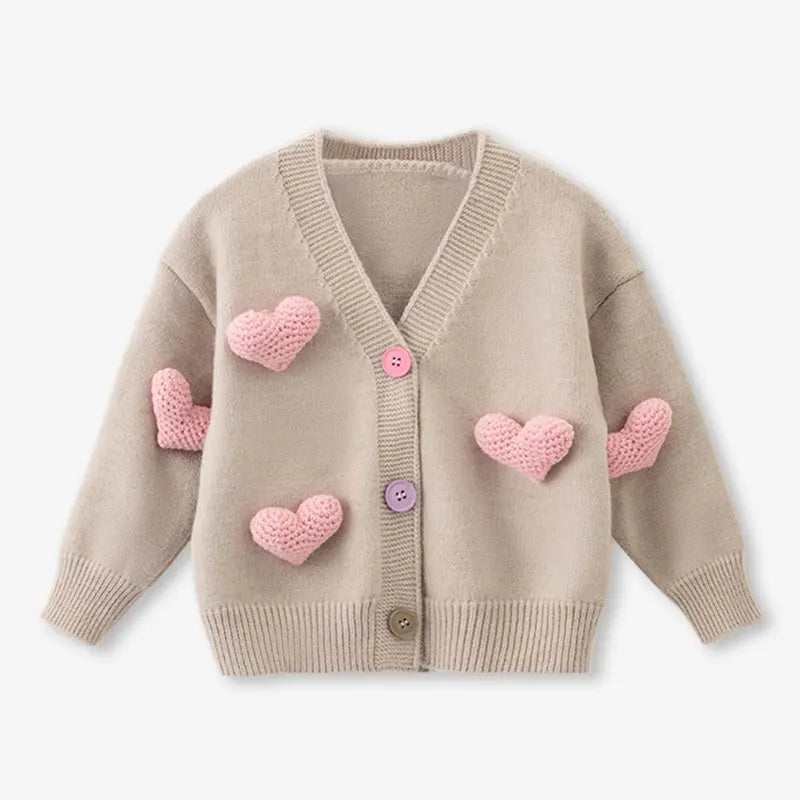 Baby Girls 3D Heart Knitted Cardigan – Cozy Autumn & Winter Jacket